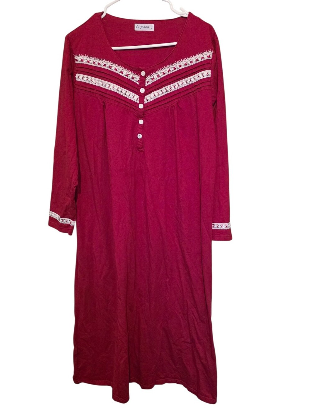 Keyocean 100% Cotton Longsleeve Red Nightgown White Embroidered Detail L EUC